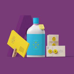 Colorful packaging design featuring bottle and cards.