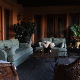 Cozy outdoor seating with plants and flowers.