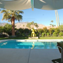 Poolside view with palm trees and mountains.